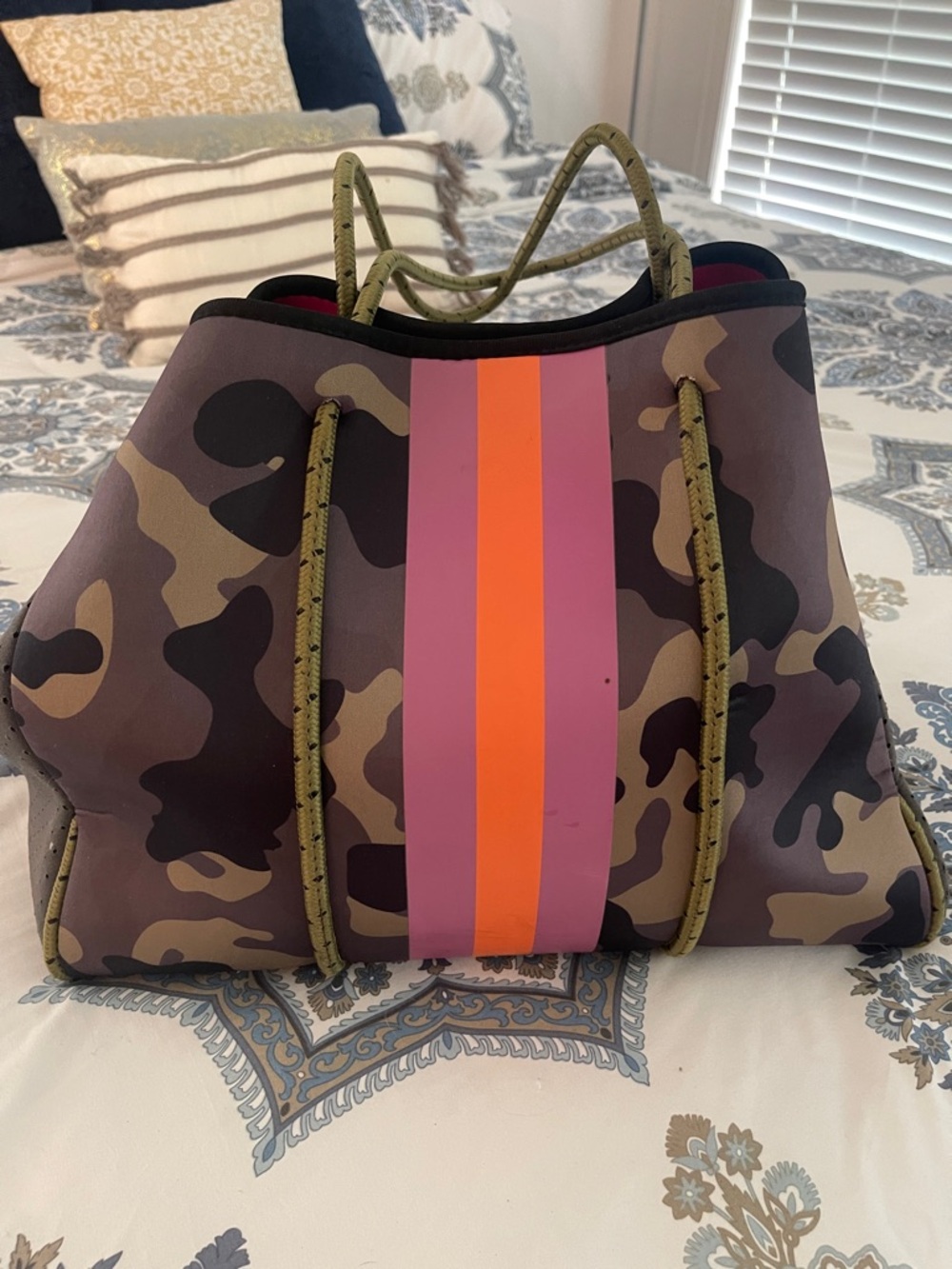 Neoprene Olive Camo Tote with Pink and Orange Stripe - Women Bags